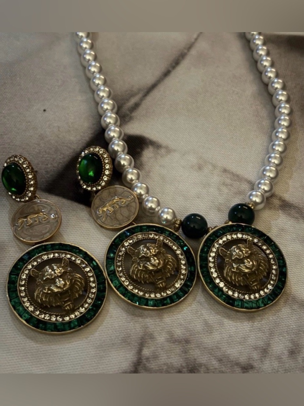 Gold & Emerald Tiger Medallion Pearl Necklace and Earring Set